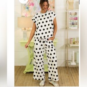 613. Polka dot French Terry sleeveless wide leg pat set white black